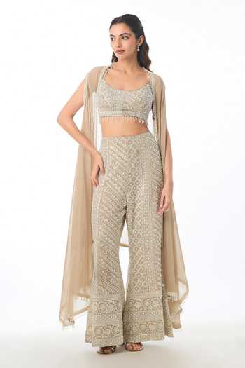 Gopi Vaid Katha Chikankari Cape Pant Set 