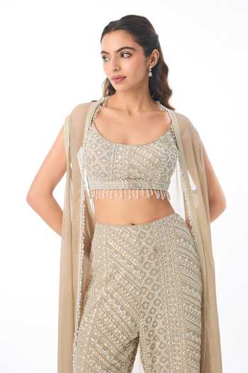 Gopi Vaid Brown Georgette Open , Scoop Katha Chikankari Cape Pant Set Online at Aza Fashions Gopi Vaid_Brown Georgette Open , Scoop Katha Chikankari Cape Pant Set _Online_at_Aza_Fashions