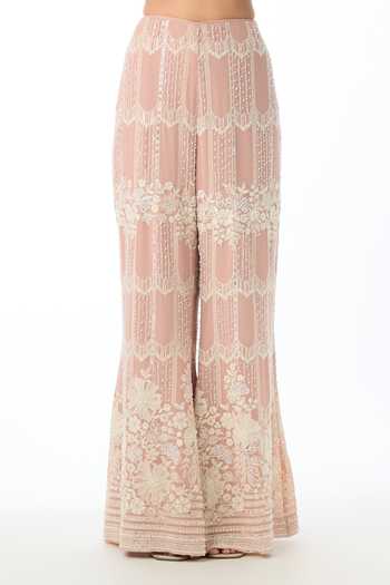 Gopi Vaid Pink Georgette V-neck, Yes Pearl Chikankari Kurta Set Online at Aza Fashions Gopi Vaid_Pink Georgette V-neck, Yes Pearl Chikankari Kurta Set _Online_at_Aza_Fashions