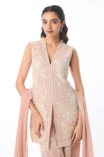 Buy Gopi Vaid Pink Georgette V-neck, Yes Pearl Chikankari Kurta Set Online at Aza Fashions Buy_Gopi Vaid_Pink Georgette V-neck, Yes Pearl Chikankari Kurta Set _Online_at_Aza_Fashions