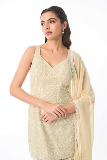 Gopi Vaid Yellow Georgette V-neck Kiara Chikankari Pant Set Online at Aza Fashions Gopi Vaid_Yellow Georgette V-neck Kiara Chikankari Pant Set _Online_at_Aza_Fashions