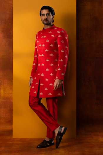 Kaaj Button Red Silk Armour Embroidered Sherwani Set Online at Aza Fashions Kaaj Button_Red Silk Armour Embroidered Sherwani Set _Online_at_Aza_Fashions
