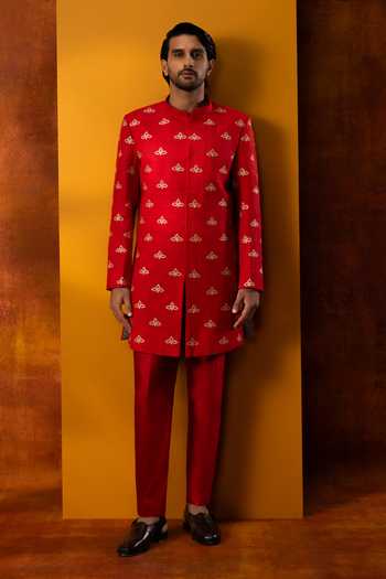 Buy Kaaj Button Red Silk Armour Embroidered Sherwani Set Online at Aza Fashions Buy_Kaaj Button_Red Silk Armour Embroidered Sherwani Set _Online_at_Aza_Fashions