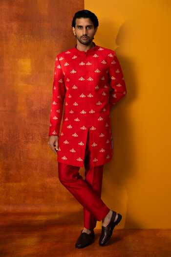Shop Kaaj Button Red Silk Armour Embroidered Sherwani Set Online at Aza Fashions Shop_Kaaj Button_Red Silk Armour Embroidered Sherwani Set _Online_at_Aza_Fashions
