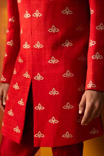 Kaaj Button Red Silk Armour Embroidered Sherwani Set at Aza Fashions Kaaj Button_Red Silk Armour Embroidered Sherwani Set _at_Aza_Fashions