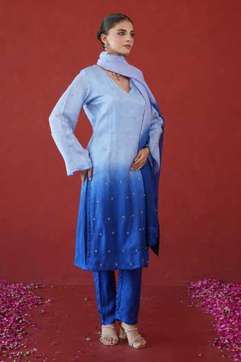 Masoomm Blue Silk V-neck, Yes Embroidered Ombre Straight Kurta Set Online at Aza Fashions Masoomm_Blue Silk V-neck, Yes Embroidered Ombre Straight Kurta Set _Online_at_Aza_Fashions