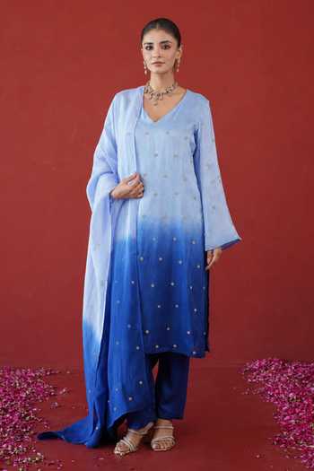 Shop Masoomm Blue Silk V-neck, Yes Embroidered Ombre Straight Kurta Set Online at Aza Fashions Shop_Masoomm_Blue Silk V-neck, Yes Embroidered Ombre Straight Kurta Set _Online_at_Aza_Fashions