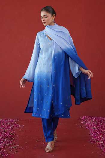 Masoomm Blue Silk V-neck, Yes Embroidered Ombre Straight Kurta Set at Aza Fashions Masoomm_Blue Silk V-neck, Yes Embroidered Ombre Straight Kurta Set _at_Aza_Fashions