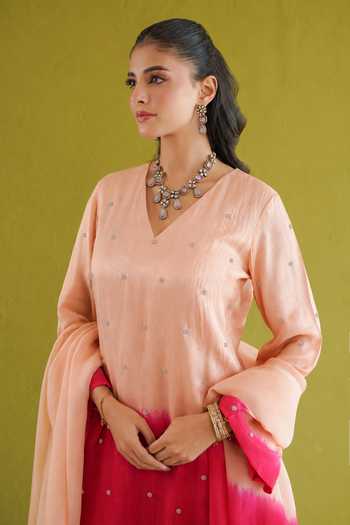 Masoomm Red Silk V-neck, Yes Embroidered Ombre Kurta Pant Set Online at Aza Fashions Masoomm_Red Silk V-neck, Yes Embroidered Ombre Kurta Pant Set _Online_at_Aza_Fashions