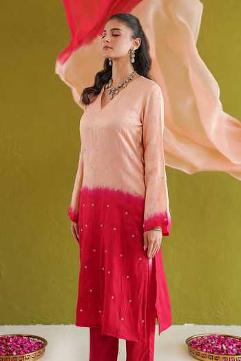 Shop Masoomm Red Silk V-neck, Yes Embroidered Ombre Kurta Pant Set Online at Aza Fashions Shop_Masoomm_Red Silk V-neck, Yes Embroidered Ombre Kurta Pant Set _Online_at_Aza_Fashions
