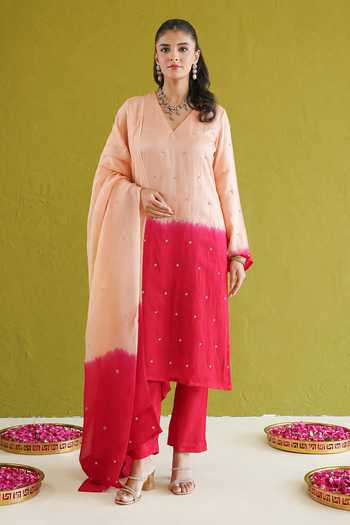 Masoomm Red Silk V-neck, Yes Embroidered Ombre Kurta Pant Set at Aza Fashions Masoomm_Red Silk V-neck, Yes Embroidered Ombre Kurta Pant Set _at_Aza_Fashions