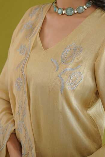 Buy Masoomm Green Silk V-neck, Yes Floral Embroidered Straight Kurta Set Buy_Masoomm_Green Silk V-neck, Yes Floral Embroidered Straight Kurta Set