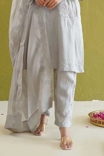 Masoomm Grey Silk V-neck, Yes Embroidered Kurta Set Online at Aza Fashions Masoomm_Grey Silk V-neck, Yes Embroidered Kurta Set _Online_at_Aza_Fashions