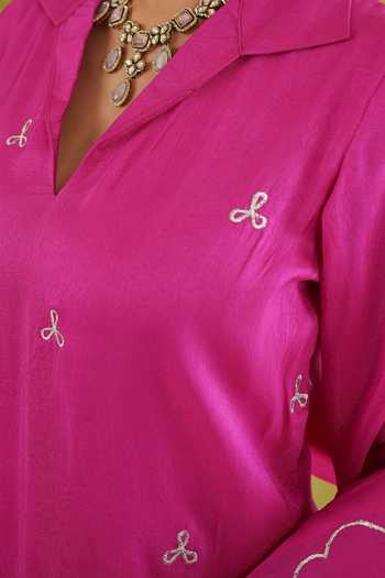 Shop_Masoomm_Fuchsia Silk V-neck, Collared Neck, Yes Thread Work Kurta Set 