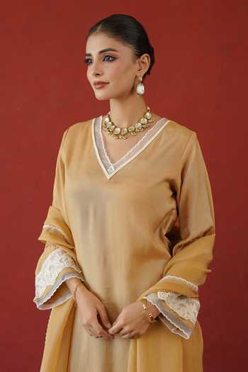Shop_Masoomm_Beige Shantoon, Organza V-neck Lace Work Kurta Set _Online_at_Aza_Fashions
