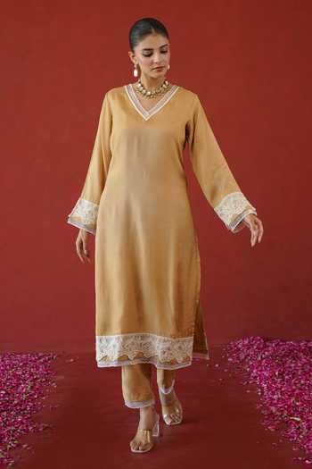 Masoomm_Beige Shantoon, Organza V-neck Lace Work Kurta Set _at_Aza_Fashions