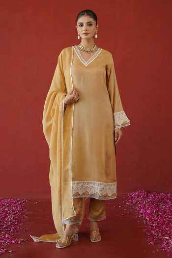 Shop_Masoomm_Beige Shantoon, Organza V-neck Lace Work Kurta Set 