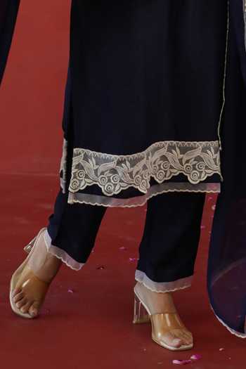 Masoomm Blue Shantoon, Organza V-neck, Yes Floral Lace Work Kurta Set Online at Aza Fashions Masoomm_Blue Shantoon, Organza V-neck, Yes Floral Lace Work Kurta Set _Online_at_Aza_Fashions