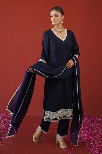 Masoomm Blue Shantoon, Organza V-neck, Yes Floral Lace Work Kurta Set at Aza Fashions Masoomm_Blue Shantoon, Organza V-neck, Yes Floral Lace Work Kurta Set _at_Aza_Fashions