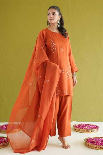 Buy Masoomm Orange Silk Round Neck Embroidered Kurta Set Online at Aza Fashions Buy_Masoomm_Orange Silk Round Neck Embroidered Kurta Set _Online_at_Aza_Fashions