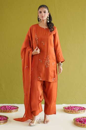 Masoomm Orange Silk Round Neck Embroidered Kurta Set at Aza Fashions Masoomm_Orange Silk Round Neck Embroidered Kurta Set _at_Aza_Fashions