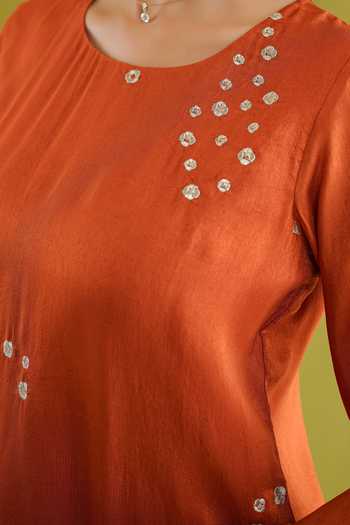 Buy Masoomm Orange Silk Round Neck Embroidered Kurta Set Buy_Masoomm_Orange Silk Round Neck Embroidered Kurta Set