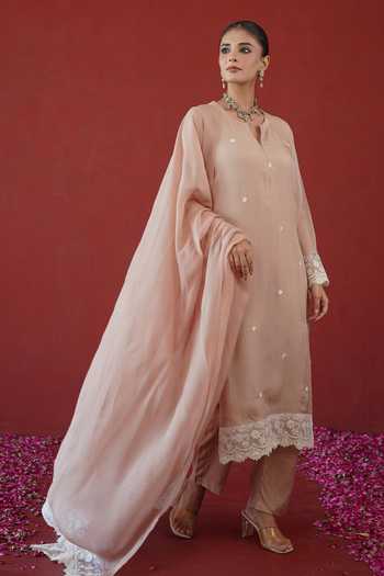 Shop Masoomm Pink Silk Notched Neck, Yes Embroidered Kurta Set Online at Aza Fashions Shop_Masoomm_Pink Silk Notched Neck, Yes Embroidered Kurta Set _Online_at_Aza_Fashions