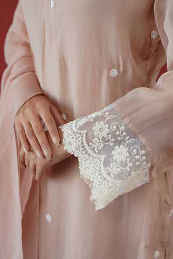 Shop Masoomm Pink Silk Notched Neck, Yes Embroidered Kurta Set Shop_Masoomm_Pink Silk Notched Neck, Yes Embroidered Kurta Set