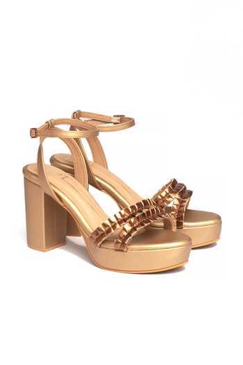 Nidhi Bhandari Antique Gold Ruffled Strap Block Heels 