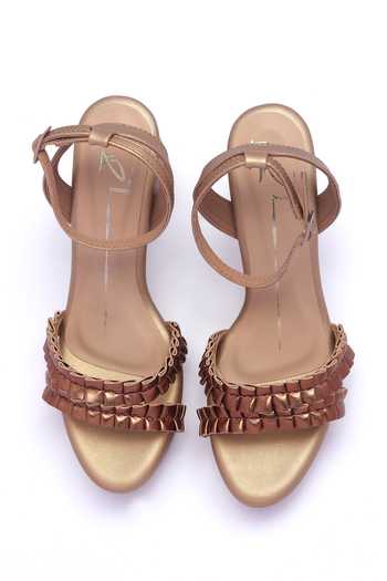Nidhi Bhandari Antique Gold Ruffled Strap Block Heels 