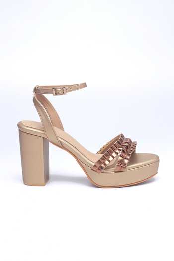 Nidhi Bhandari_Gold Antique Ruffled Strap Block Heels _Online_at_Aza_Fashions