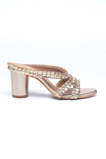 Nidhi Bhandari_Gold Faux Leather Ruffled Strap Block Heels _Online_at_Aza_Fashions