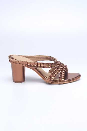 Nidhi Bhandari_Gold Ruffled Strap Faux Leather Block Heels _Online_at_Aza_Fashions