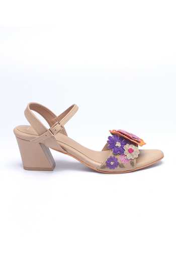 Nidhi Bhandari_Beige 3d Floral Embroidered Block Heels _Online_at_Aza_Fashions