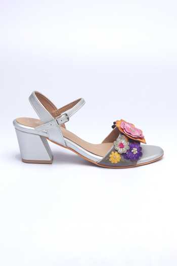 Nidhi Bhandari_Silver Floral 3d Embroidered Block Heels _Online_at_Aza_Fashions