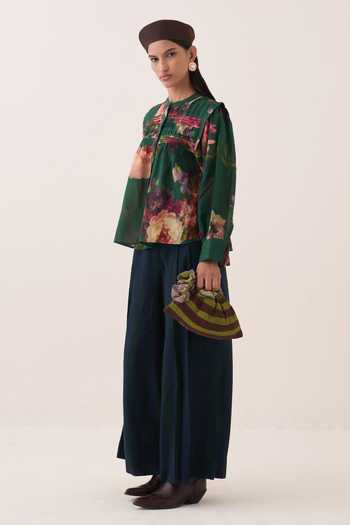 Ofrida Green Cotton Round Neck Rosarium Mystic Top Online at Aza Fashions Ofrida_Green Cotton Round Neck Rosarium Mystic Top _Online_at_Aza_Fashions