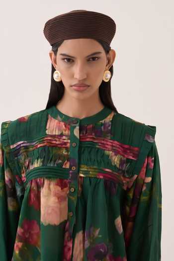 Shop Ofrida Green Cotton Round Neck Rosarium Mystic Top Online at Aza Fashions Shop_Ofrida_Green Cotton Round Neck Rosarium Mystic Top _Online_at_Aza_Fashions