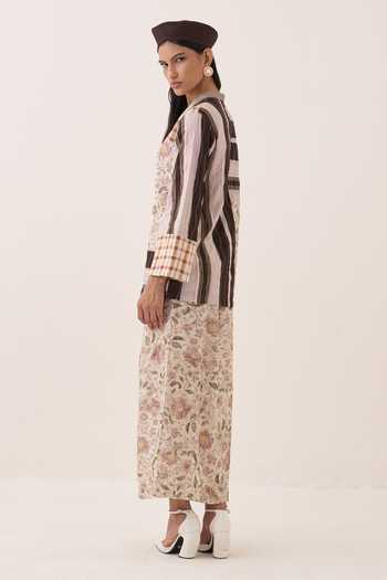 Ofrida_Ivory Cotton, Muslin, Bemberg Shawl Neck, Patchwork Jacket And Printed Skirt Set _Online_at_Aza_Fashions