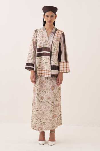 Buy_Ofrida_Ivory Cotton, Muslin, Bemberg Shawl Neck, Patchwork Jacket And Printed Skirt Set _Online_at_Aza_Fashions
