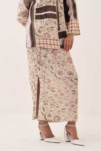 Ofrida_Ivory Cotton, Muslin, Bemberg Shawl Neck, Patchwork Jacket And Printed Skirt Set _at_Aza_Fashions