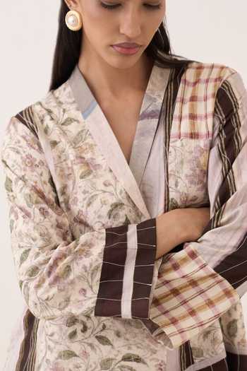 Buy_Ofrida_Ivory Cotton, Muslin, Bemberg Shawl Neck, Patchwork Jacket And Printed Skirt Set 