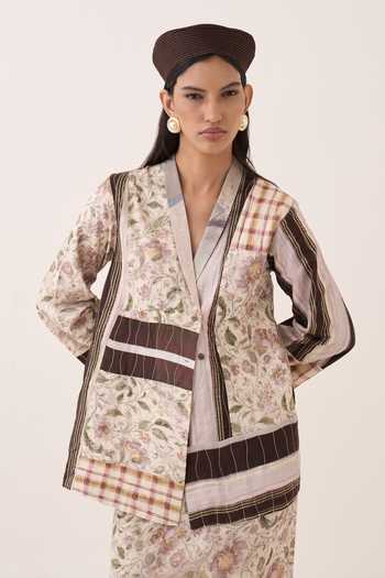 Shop_Ofrida_Ivory Cotton, Muslin, Bemberg Shawl Neck, Patchwork Jacket And Printed Skirt Set 