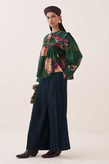 Ofrida Green Cotton Round Neck Rose Mystic Top And Pant Set Online at Aza Fashions Ofrida_Green Cotton Round Neck Rose Mystic Top And Pant Set _Online_at_Aza_Fashions
