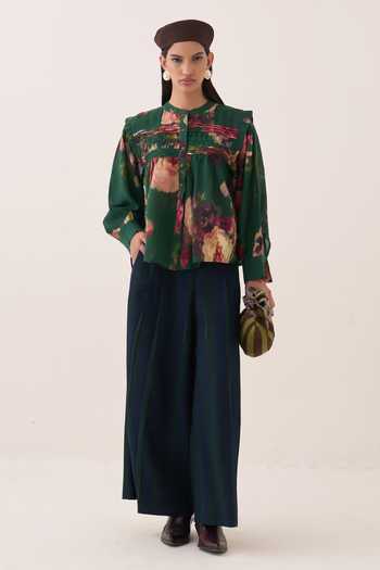 Shop Ofrida Green Cotton Round Neck Rose Mystic Top And Pant Set Online at Aza Fashions Shop_Ofrida_Green Cotton Round Neck Rose Mystic Top And Pant Set _Online_at_Aza_Fashions