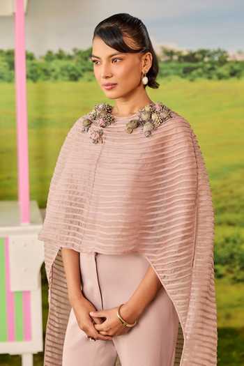 Buy_Parul And Preyanka_Purple Organza, Crepe Round Neck Celine Pink Long Pintucked Cape And Pant Set _Online_at_Aza_Fashions