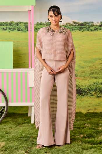 Shop_Parul And Preyanka_Purple Organza, Crepe Round Neck Celine Pink Long Pintucked Cape And Pant Set _Online_at_Aza_Fashions