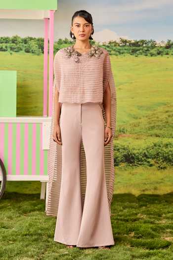 Parul And Preyanka Celine Pink Long Pintucked Cape & Pant Set 