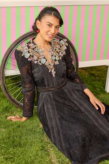 Parul And Preyanka_Black Net, Lace Blaire A-line Dress _Online_at_Aza_Fashions