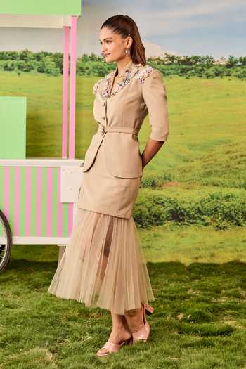 Buy_Parul And Preyanka_Beige Crepe, Net Notched Neck Coco Peplum Jacket And Skirt Set _Online_at_Aza_Fashions