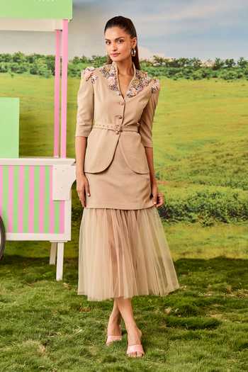 Parul And Preyanka Coco Beige Peplum Jacket & Skirt Set 